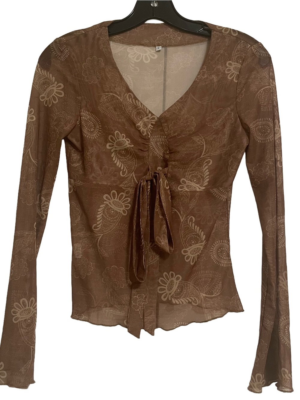 y2k Sheer Brown Floral Tie-Front Long Sleeve Top